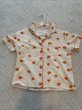 Cream Short-Sleeve Button-Up Blouse with Orange Print